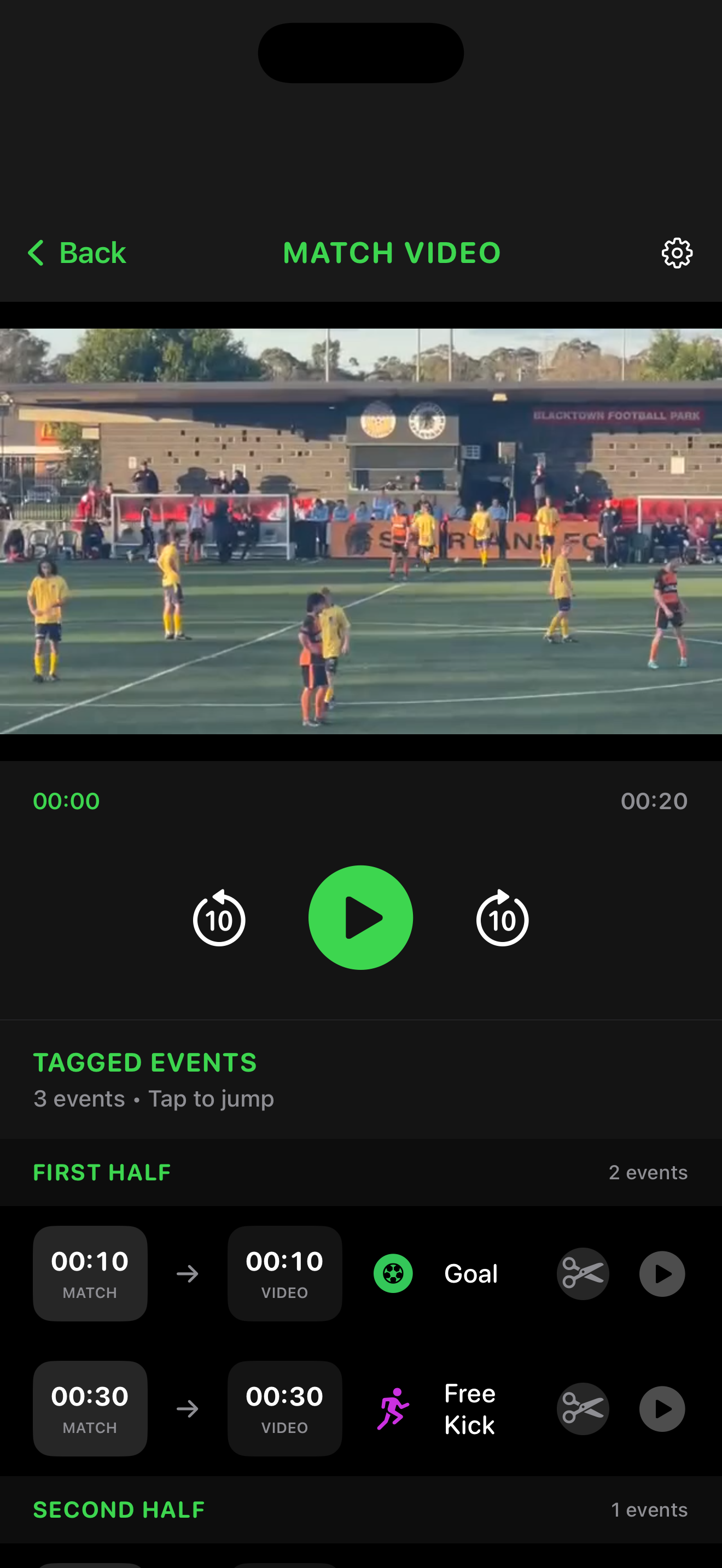 Video playback with match footage and tagged events for each half