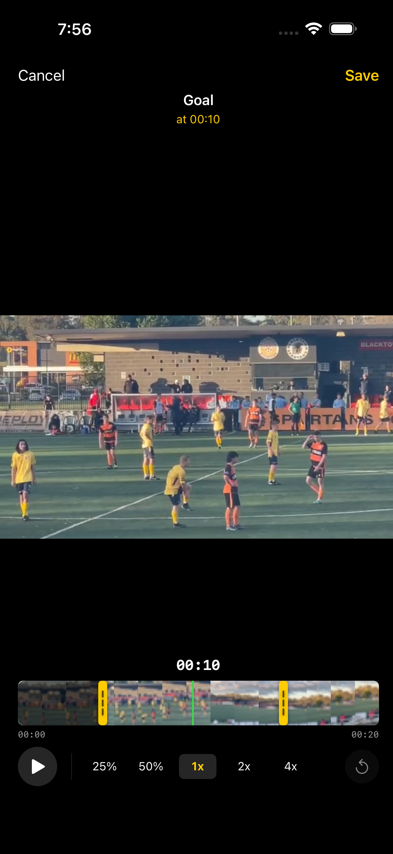 Per-clip trim editor with thumbnail timeline and variable speed playback controls